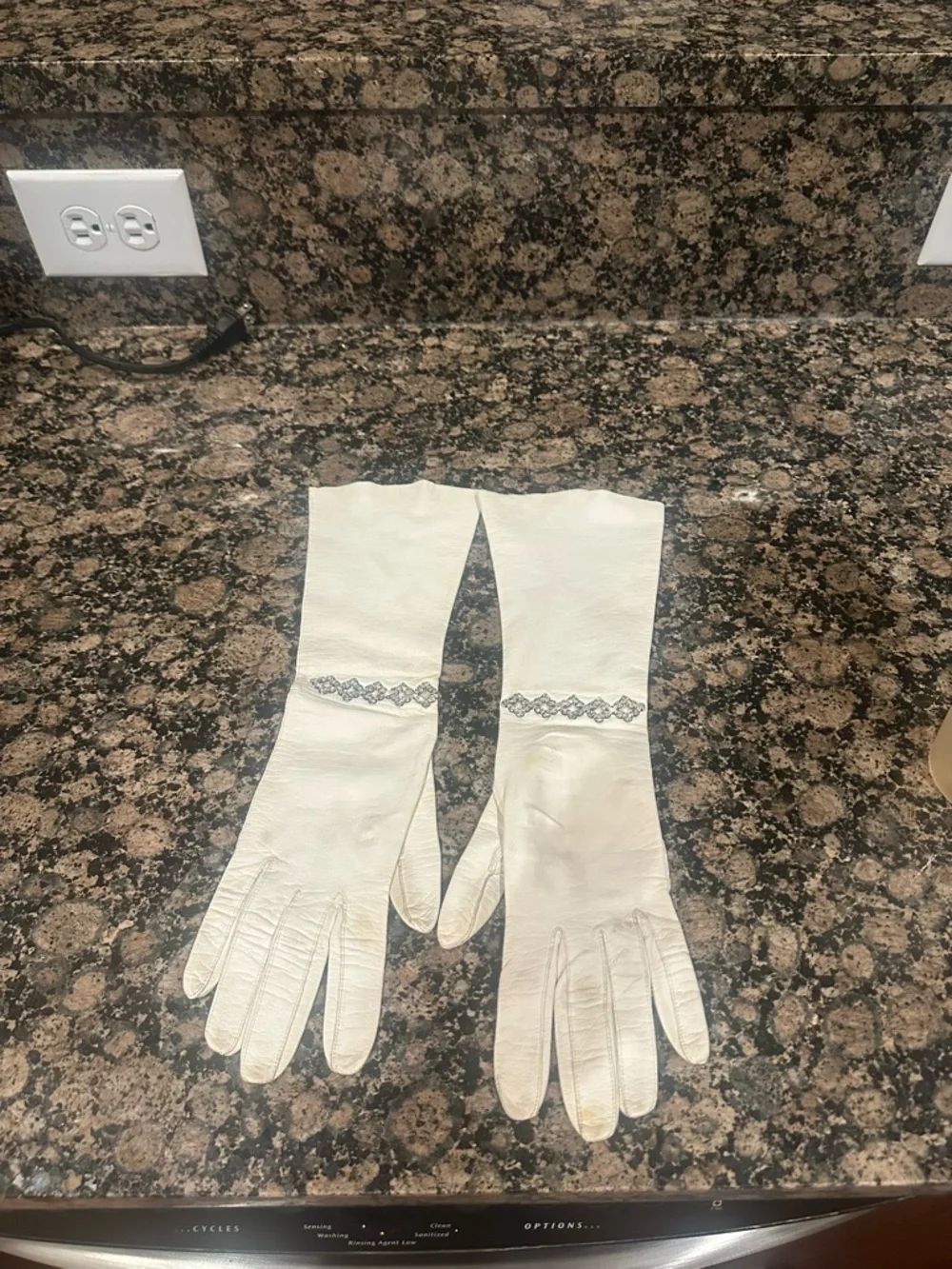 Vintage White‎ long Gloves with decorative rhinestone accents at the wrist.
